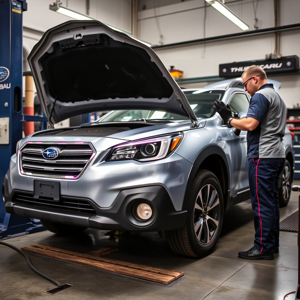 Subaru outback in a service bay with Subaru technician
