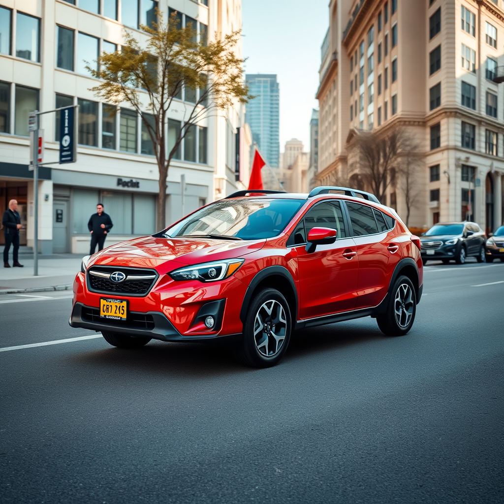 Subaru crosstrek on a city street.