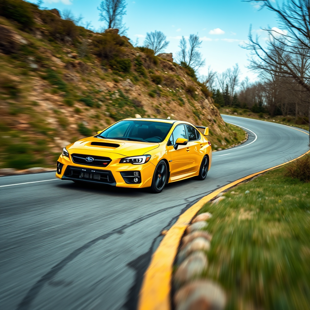 2026 Subaru WRX Series.Yellow in motion on a winding road.