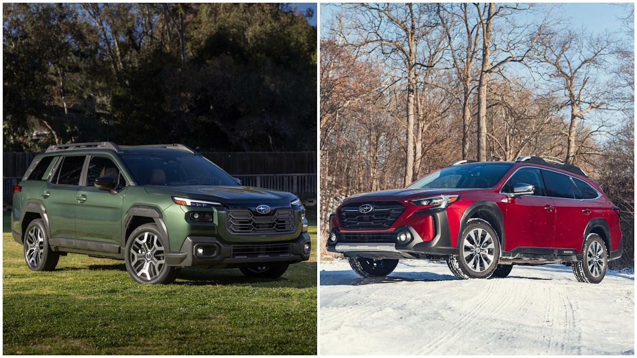 Green Subaru Ascent and red Outback Wilderness side by side.