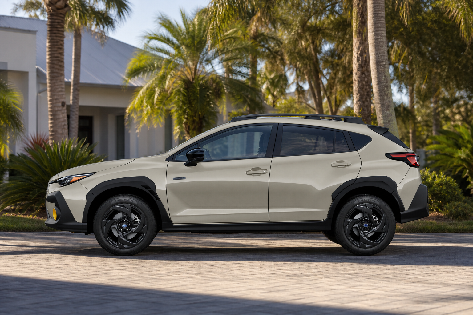 Unbadged SUV parked in a sunlit Florida driveway on a hot summer day near palm trees