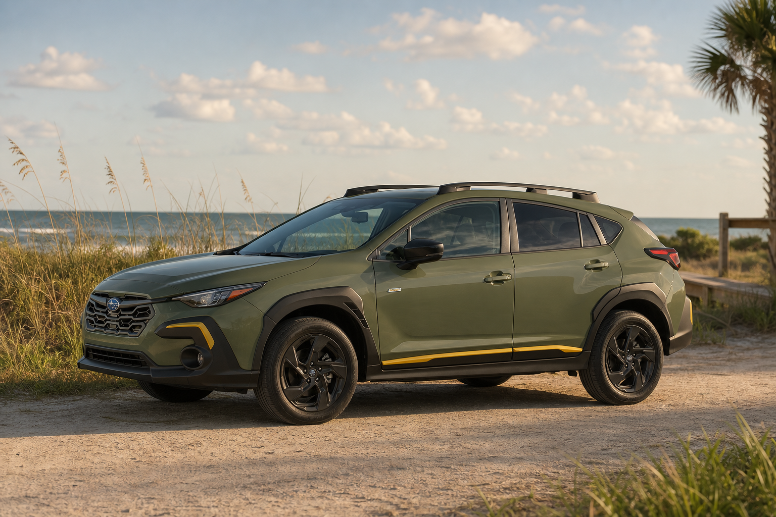 Compact SUV parked at a Jacksonville beach access road with dunes and warm afternoon light