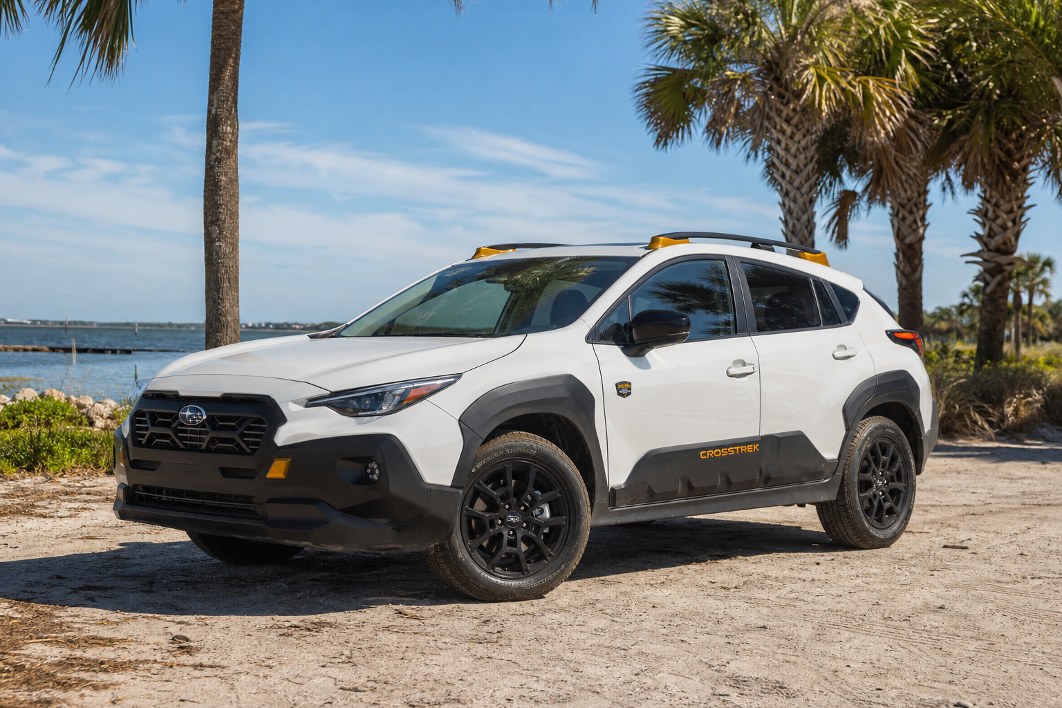 An unbadged crossover parked at a sunny Florida beach access lot with palm trees and clear skies overhead