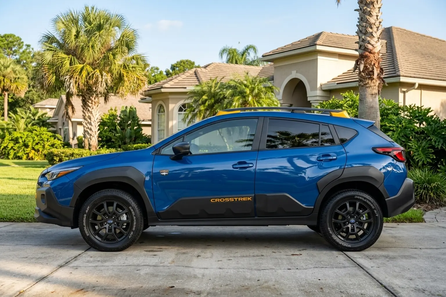 An unbadged SUV parked in a Florida driveway on a sunny morning with palm trees behind it