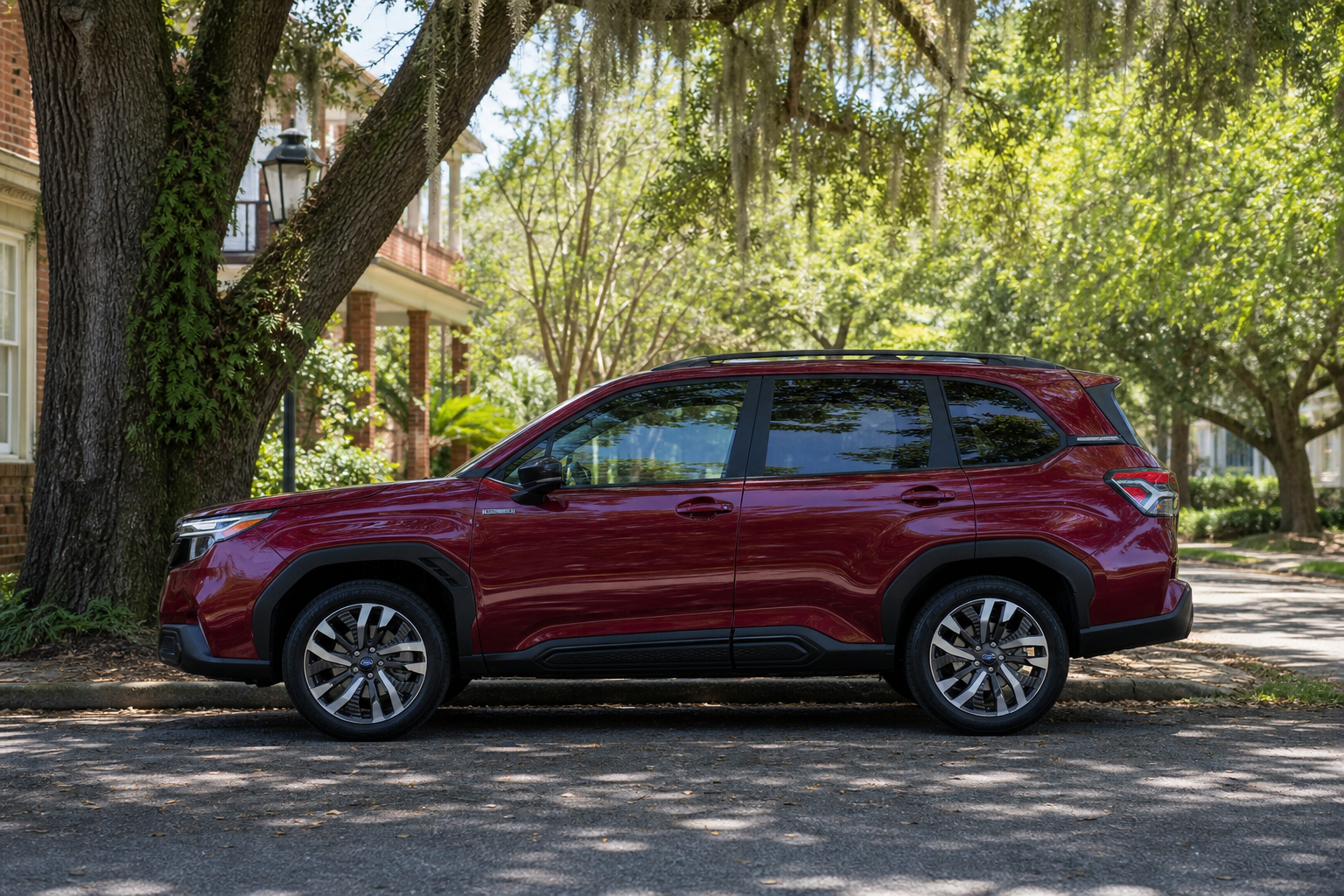 Compact SUV parked in tree shade on a sunny Florida street during a hot summer afternoon