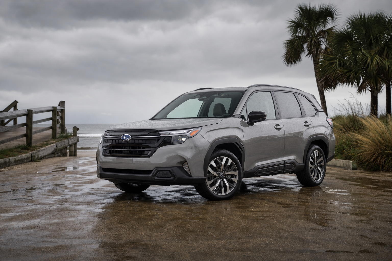 Compact SUV parked at a Jacksonville beach access ramp under stormy skies on wet pavement