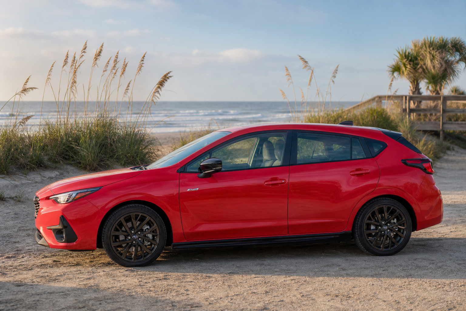 Compact hatchback parked at a Jacksonville beach access point with dunes and sea oats in soft morning light