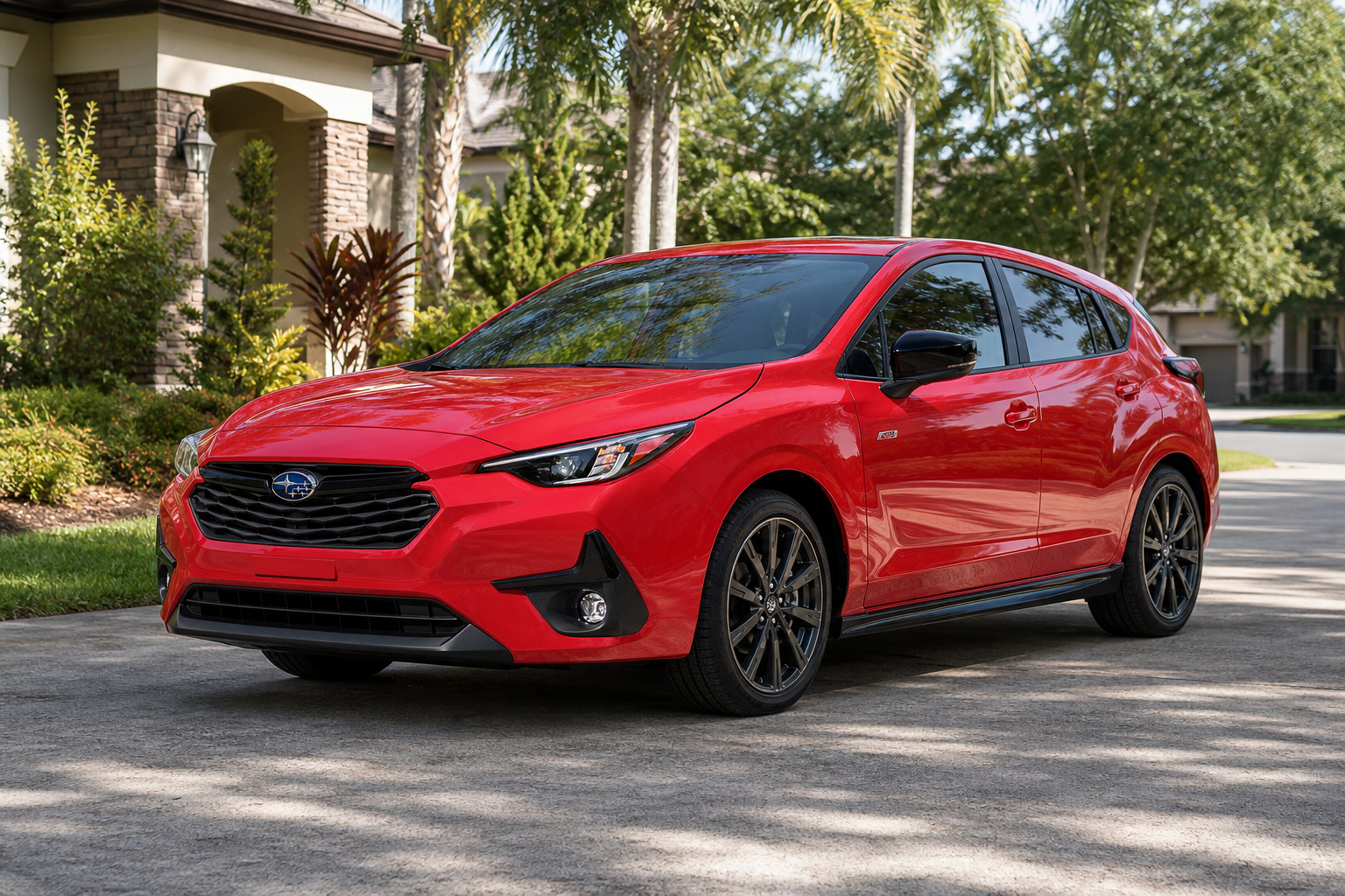 Compact SUV parked in a shaded Jacksonville driveway on a sunny, humid morning near palm trees