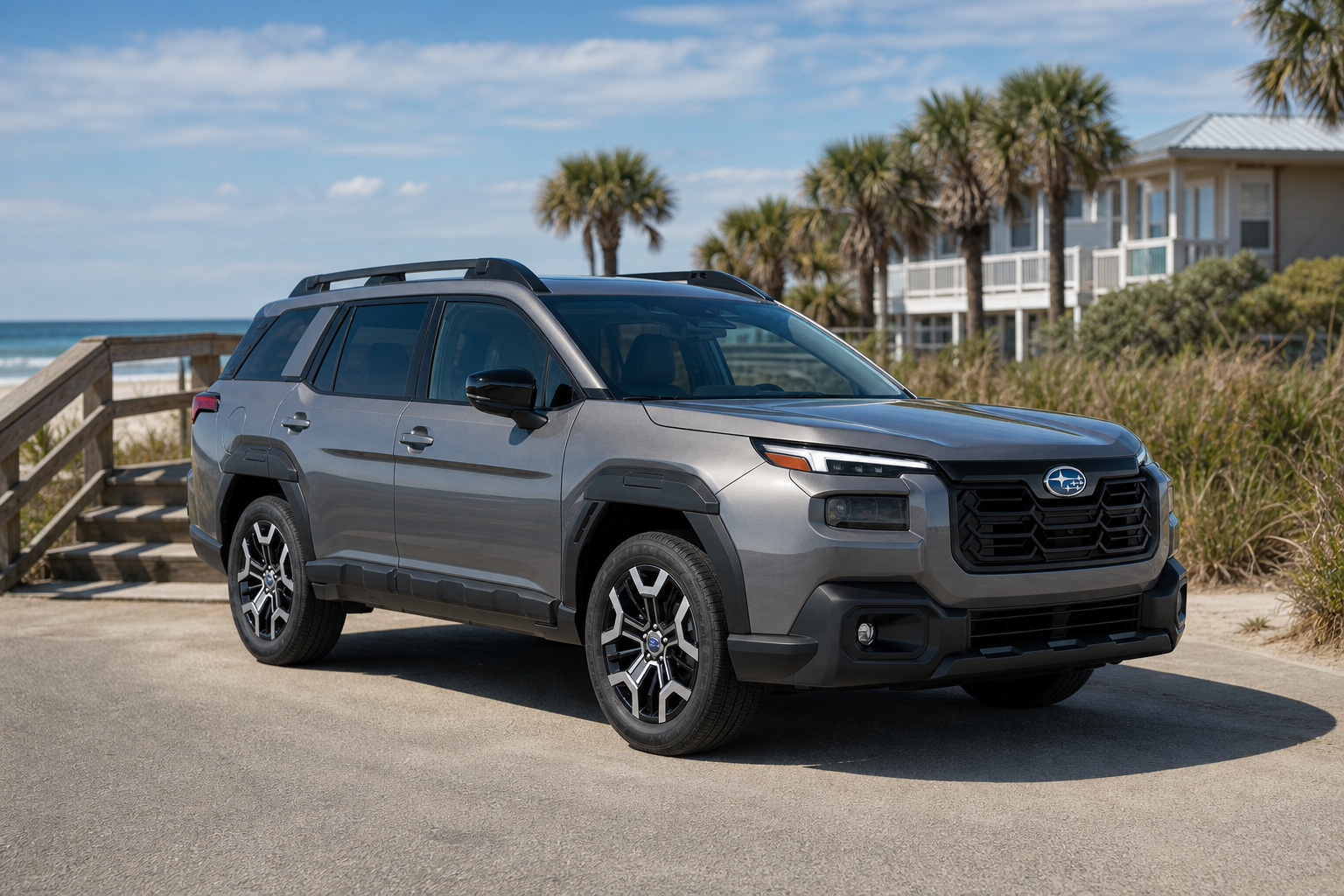 Unbadged SUV parked on a sunlit coastal road near a Jacksonville beach access point on a summer day