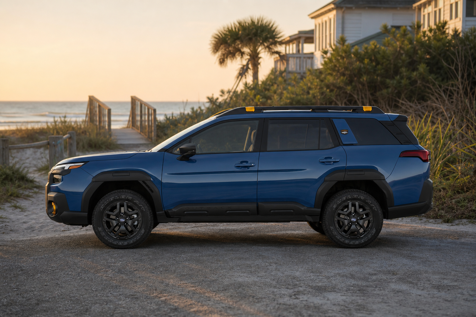 Unbadged crossover parked at a Jacksonville beach access road under warm evening light