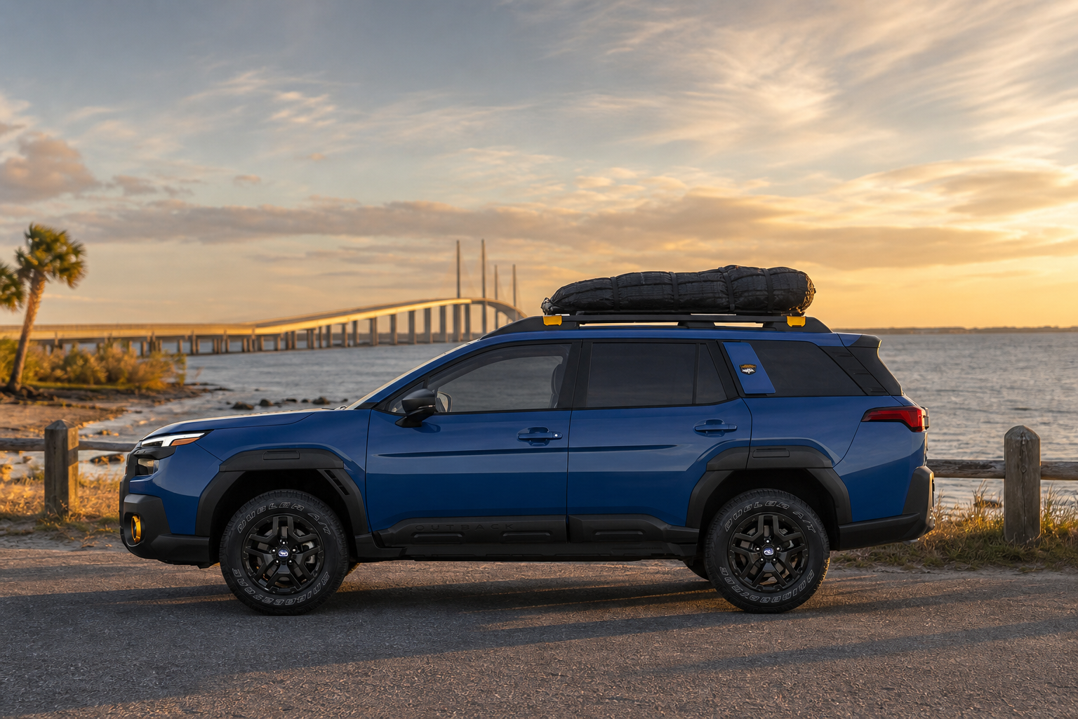 Loaded crossover parked at a coastal highway overlook at sunset, ready for a long road trip