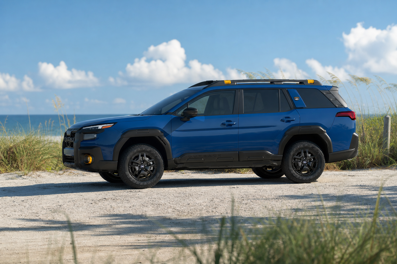 Rugged SUV parked on a sandy beach access road with dune grass and coastal sky near Jacksonville