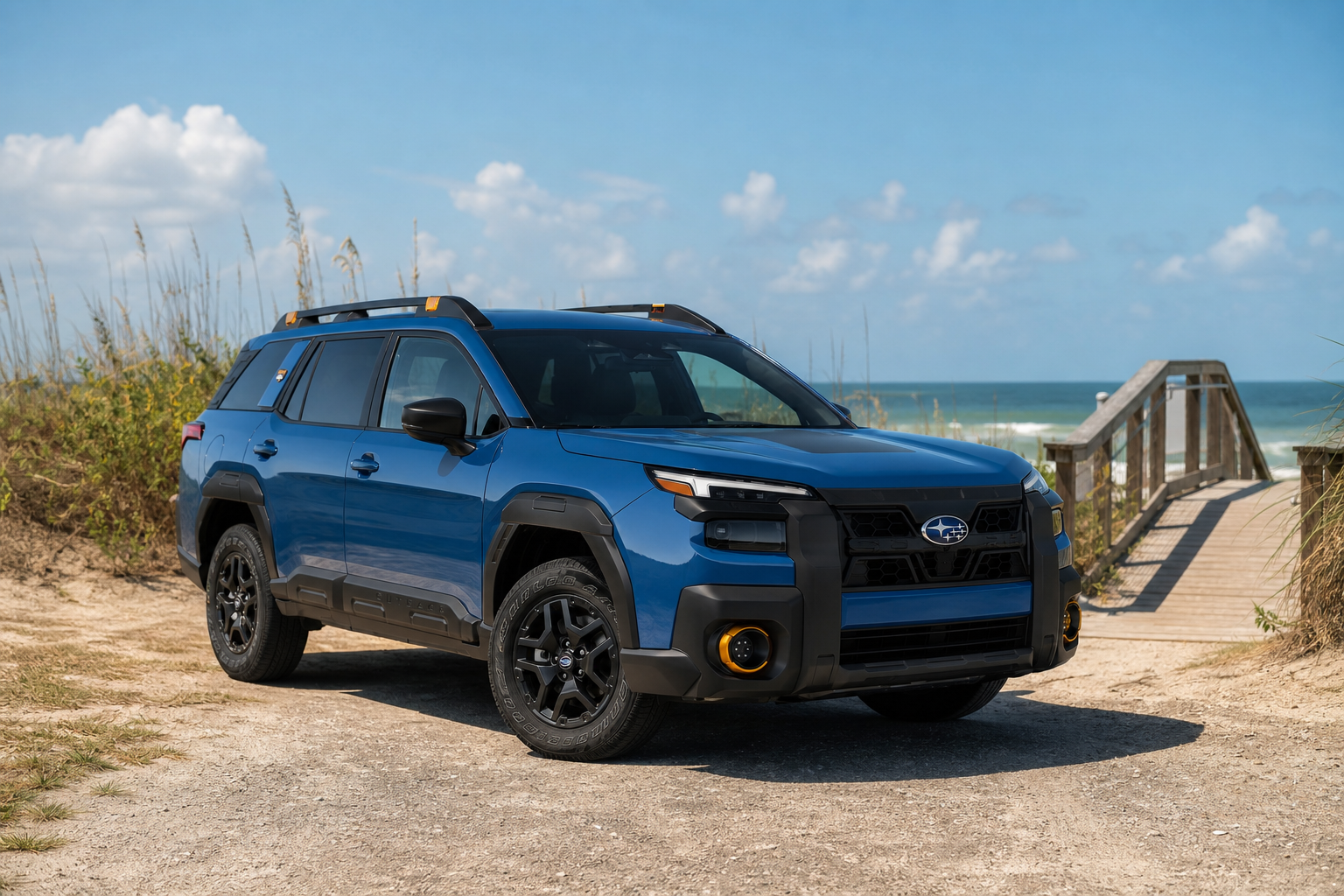Wagon-crossover parked at a Florida beach access point with sea oats and a wooden boardwalk under a bright sky