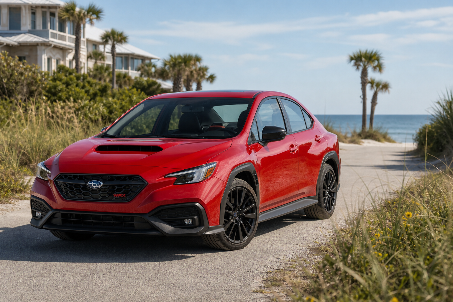 Sport sedan parked on a sunny coastal road near a Florida beach access under clear blue skies