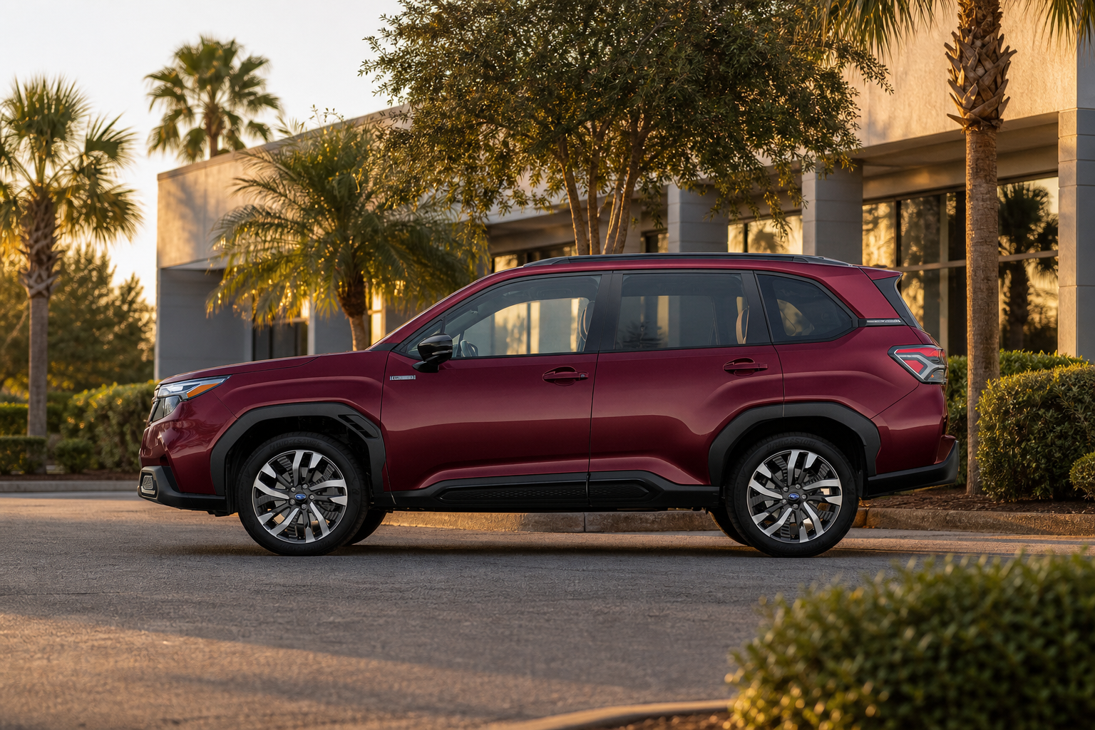 A single crossover parked on a sunny Jacksonville dealership lot lined with palm trees at golden hour
