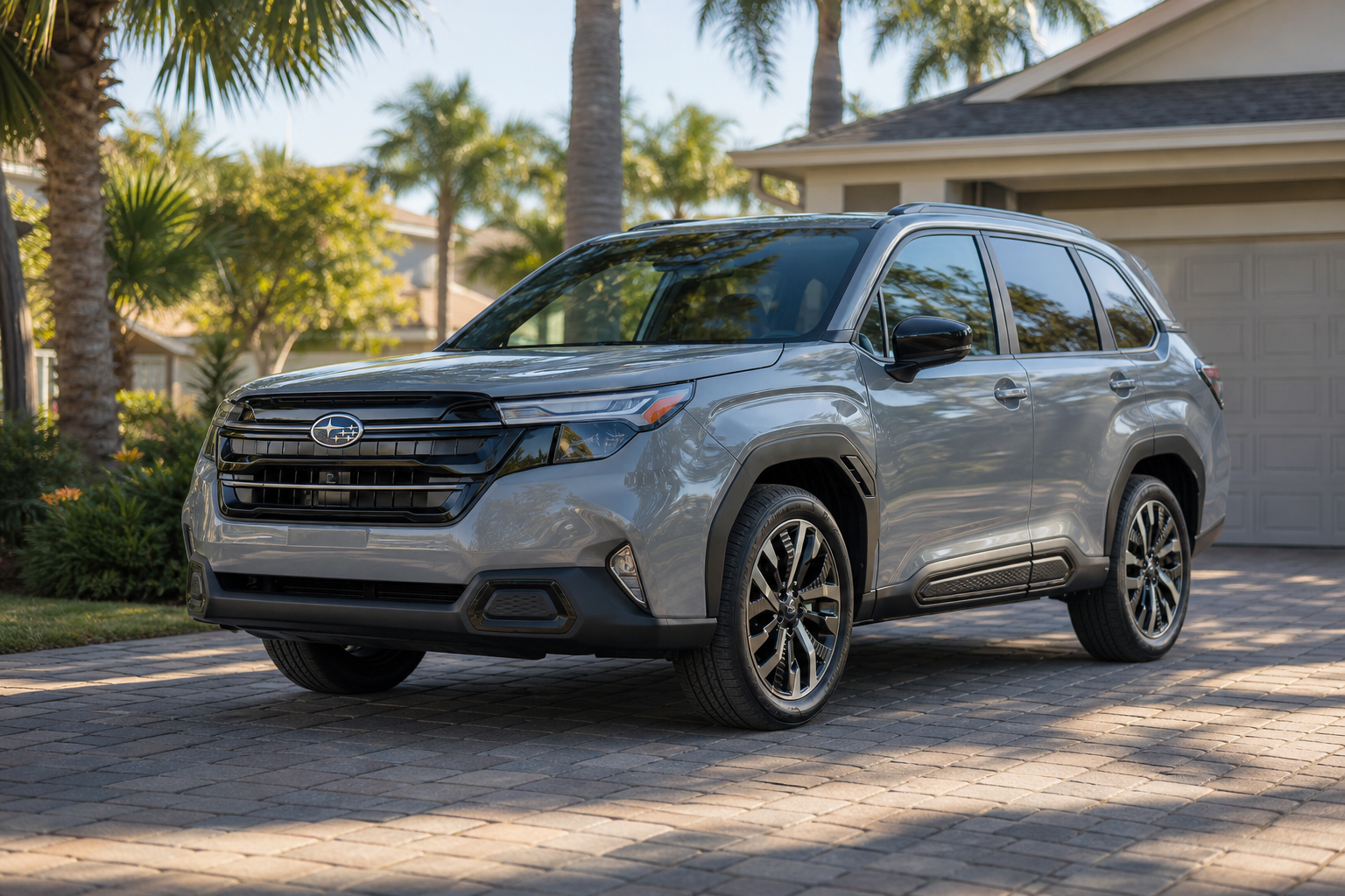 Unbadged compact SUV parked in a palm-lined Jacksonville driveway in warm morning light