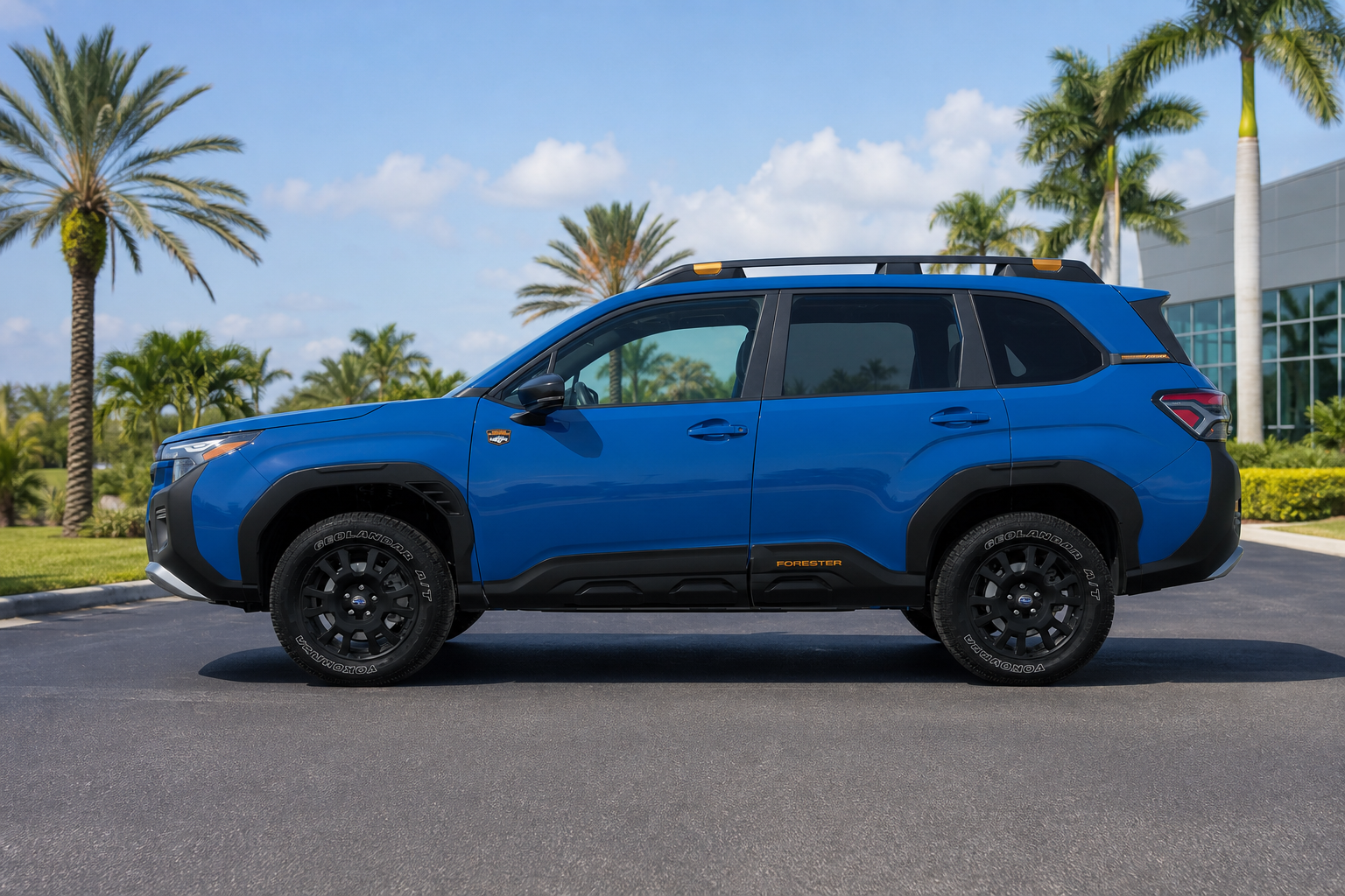 Unbadged crossover parked in a sunlit Florida dealership lot with palm trees and clear blue sky