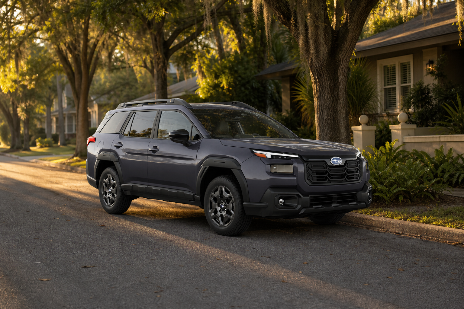 Unbadged compact SUV parked on a green, tree-lined Jacksonville street at golden hour near a leafy driveway