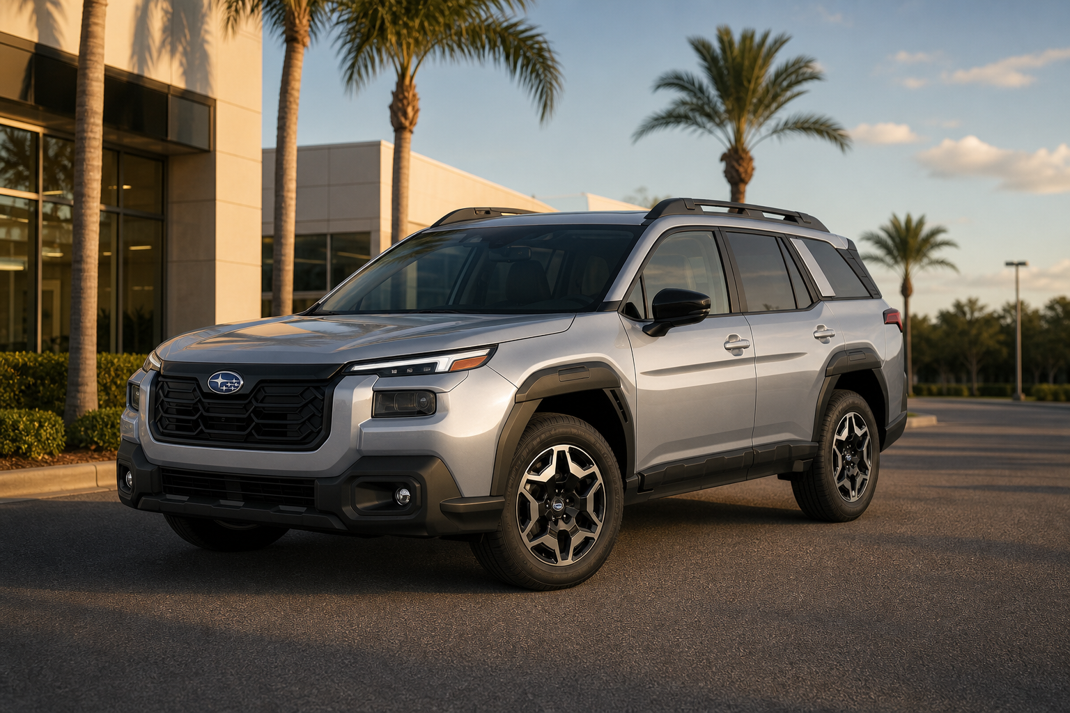 Lone unbadged SUV parked outside a sunlit Florida dealership lot with palm trees and open sky