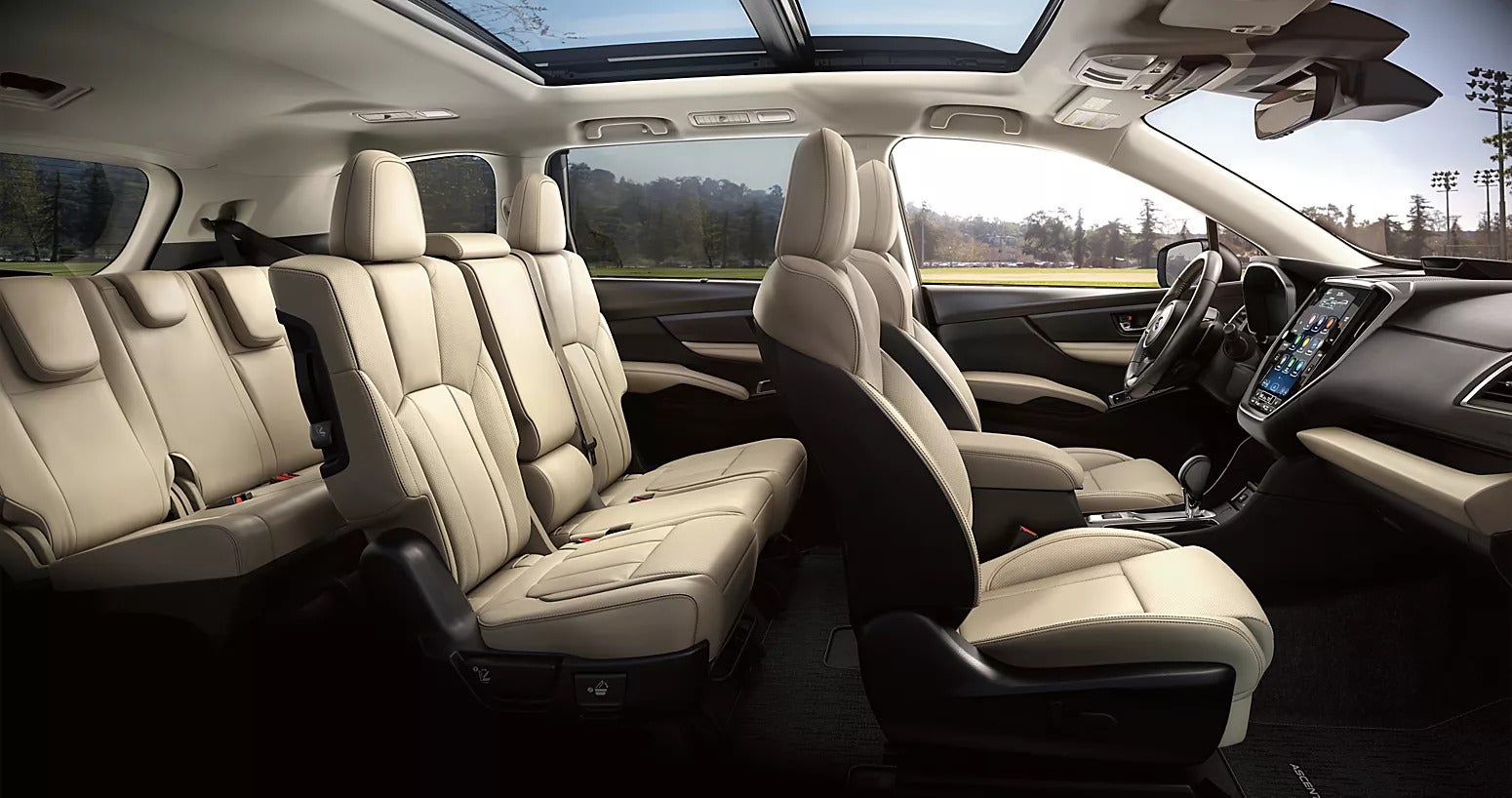 the side full width interior of a subaru ascent with 2nd row bench seating