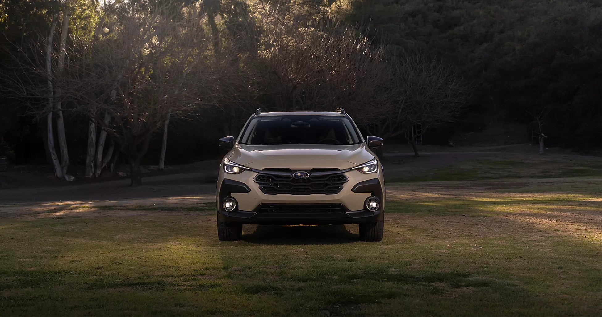 A brown suv sitting parked in the grass.