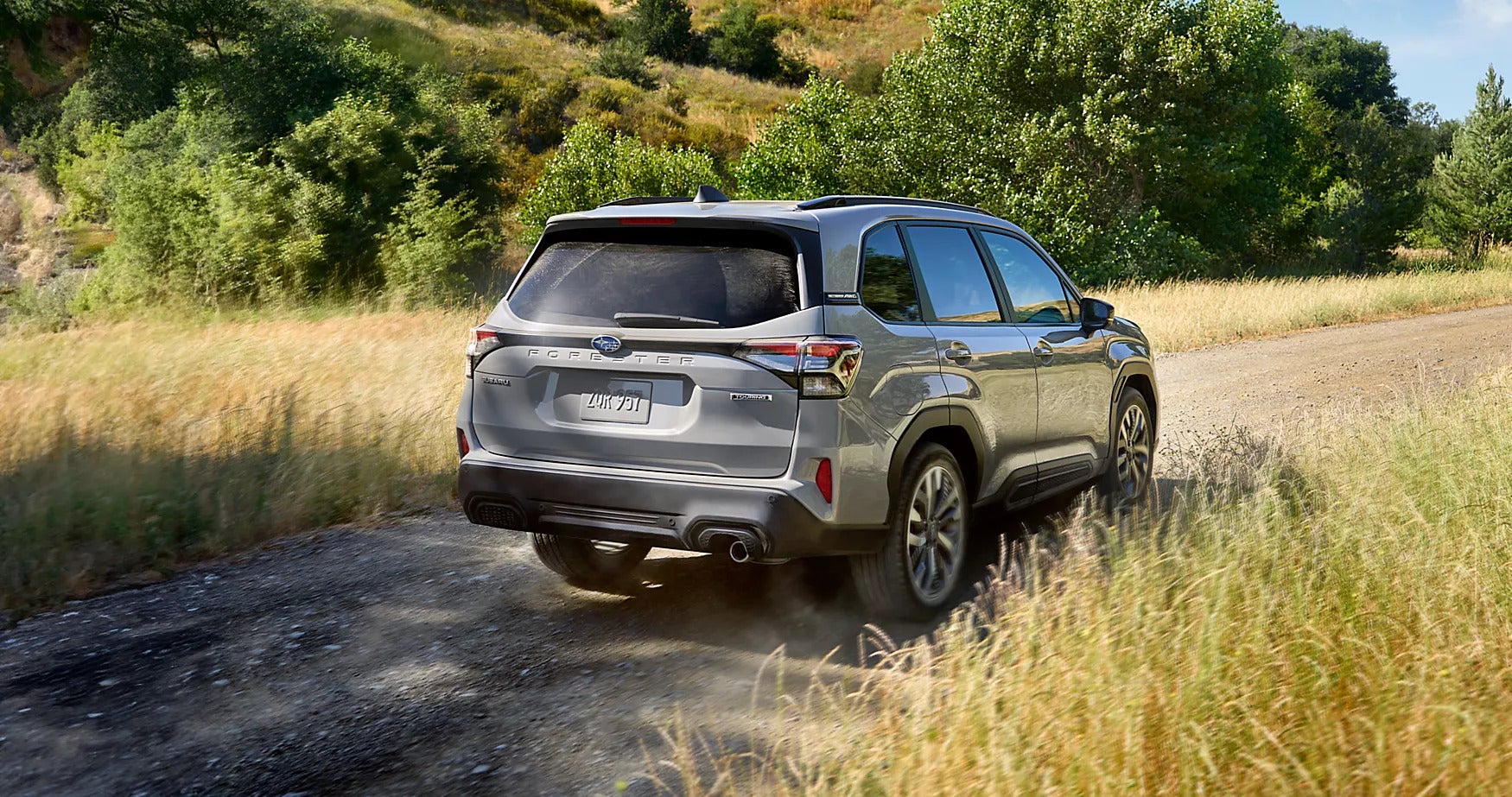 the back view of a 2025 forester on a dirt road in a meadow and wooded area.