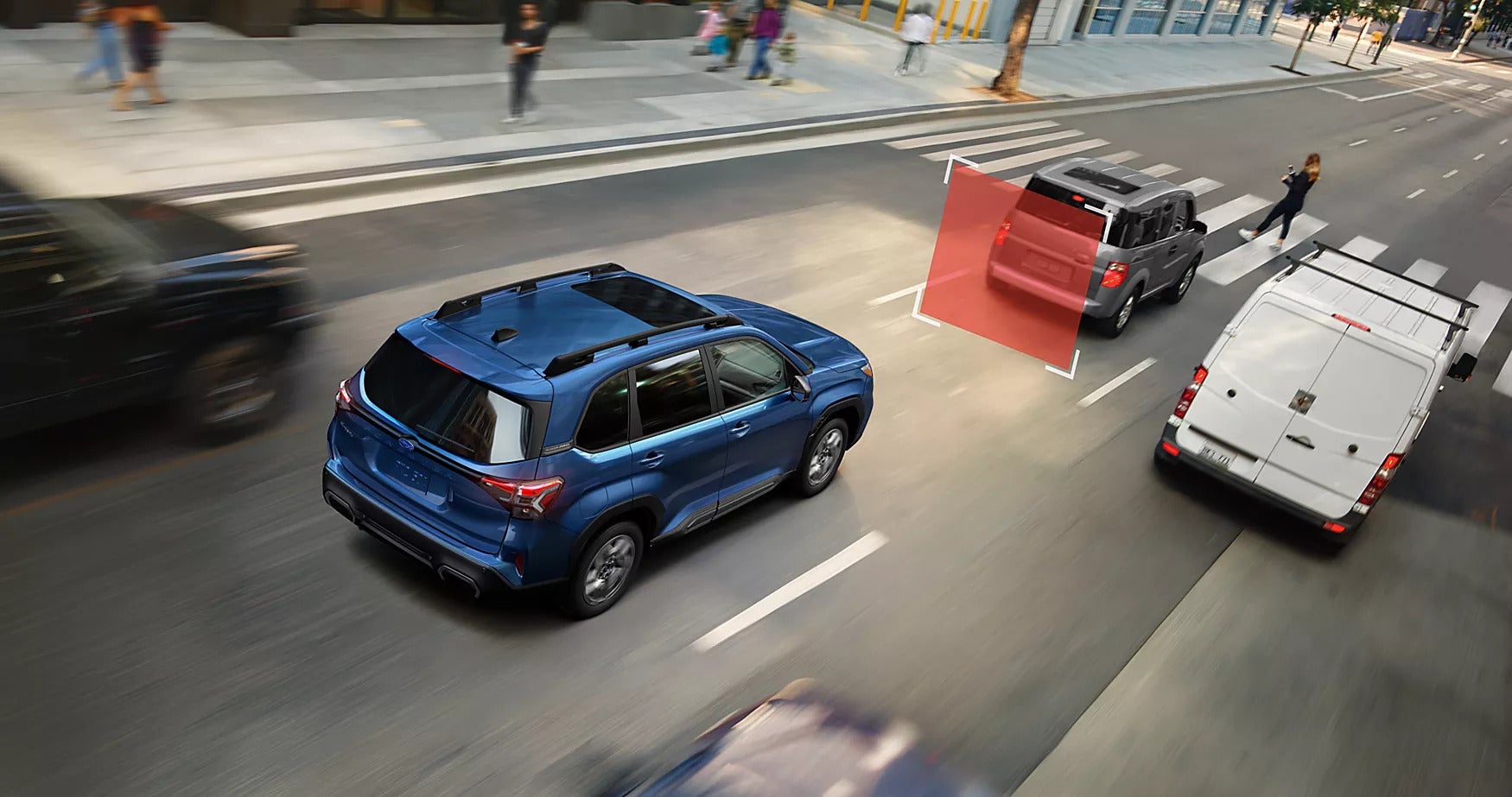 a blue 2025 forester driving on a busy highway showcasing its safety features