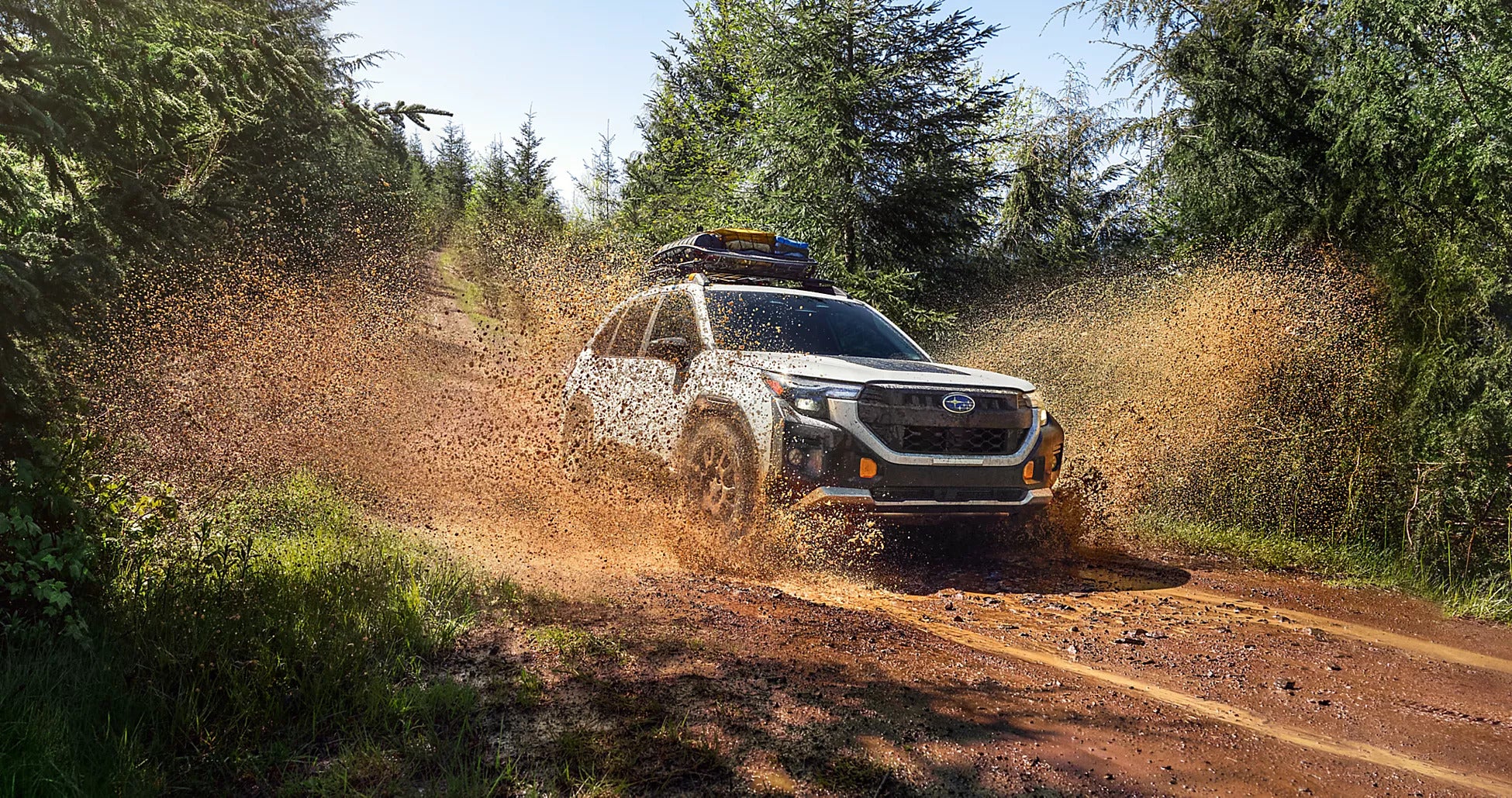 A suv sriving on a dirt path.